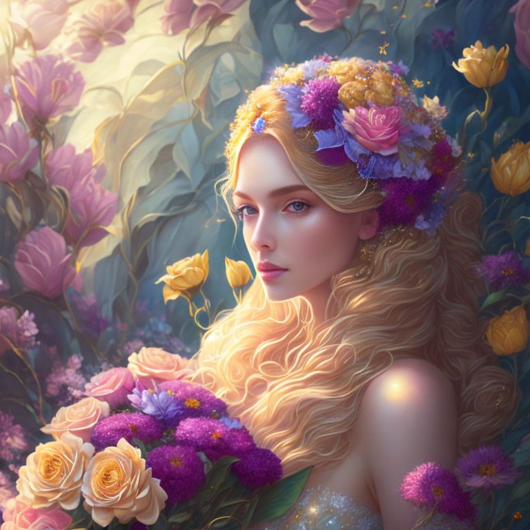 Woman with Long Blonde Hair and Floral Crown Surrounded by Vibrant Flowers