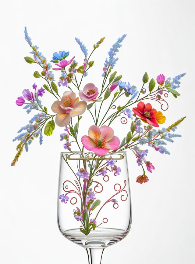 Colorful Illustrated Flower Bouquet in Wine Glass on White Background