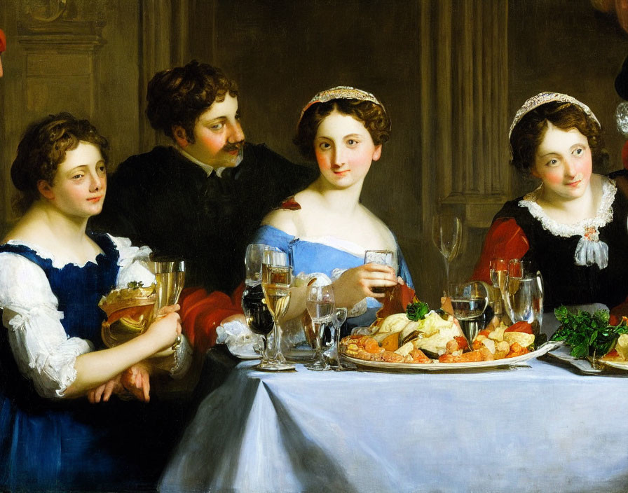 19th-Century Painting of Man Whispering to Women at Table