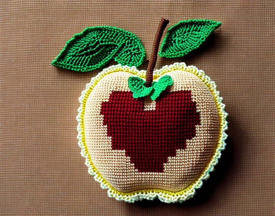 Apple with Heart Center Cross-Stitch Embroidery on Beige Background