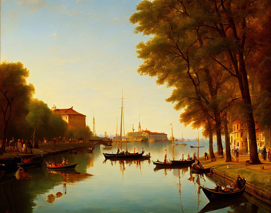 Tranquil Venetian canal at sunset with gondolas, buildings, and people by the