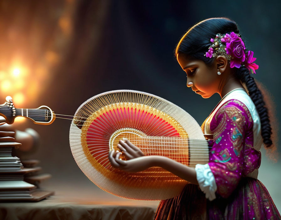 Young girl in vibrant Indian attire playing veena with lit lamp in blurred background