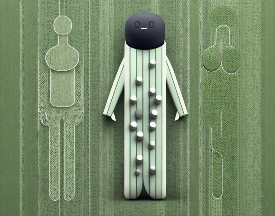 Stylized humanoid figure with pins on body on green textured background