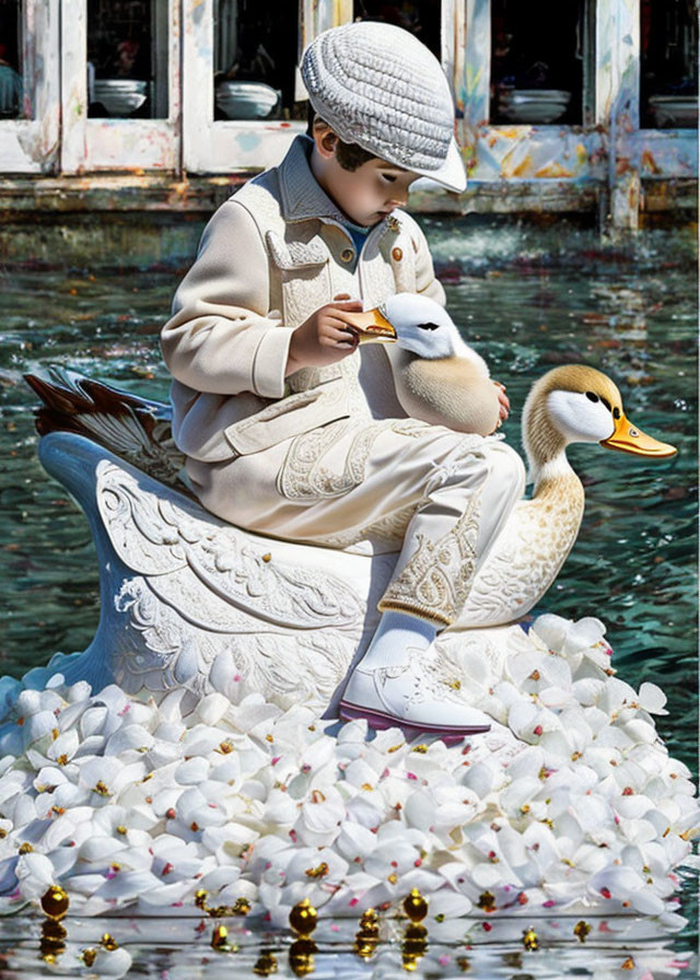 Child in ornate costume on swan throne with duckling amid flowers