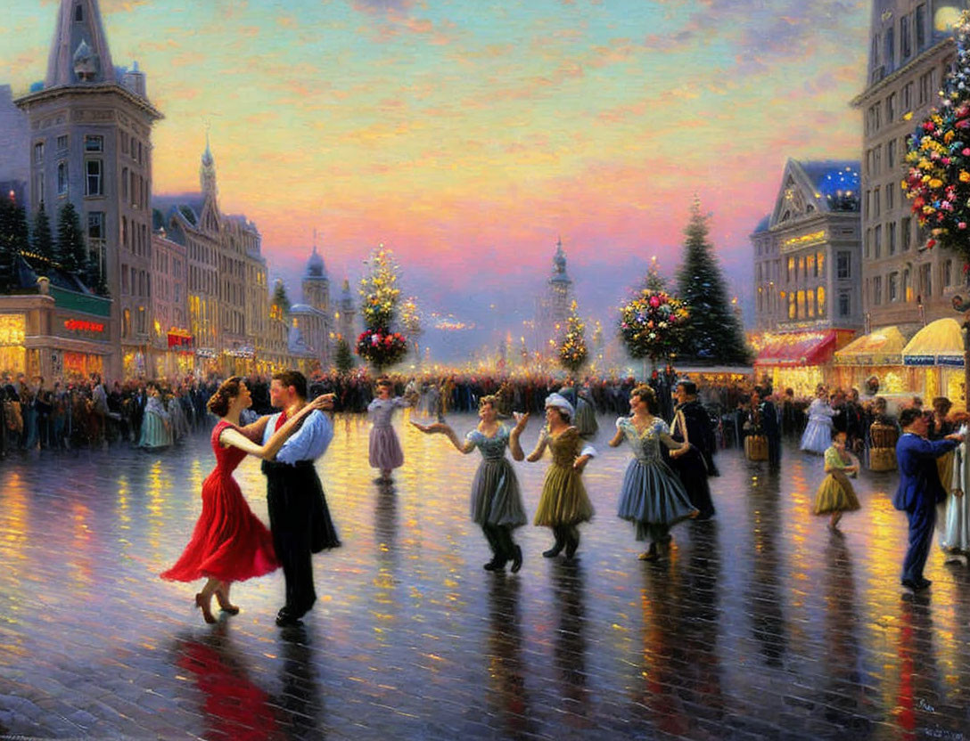 Festive couples dancing in illuminated Christmas square