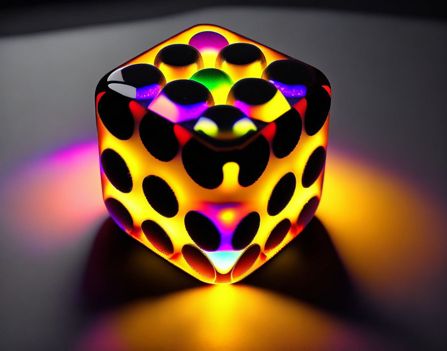 Neon-lit dice-shaped object with rounded cutouts