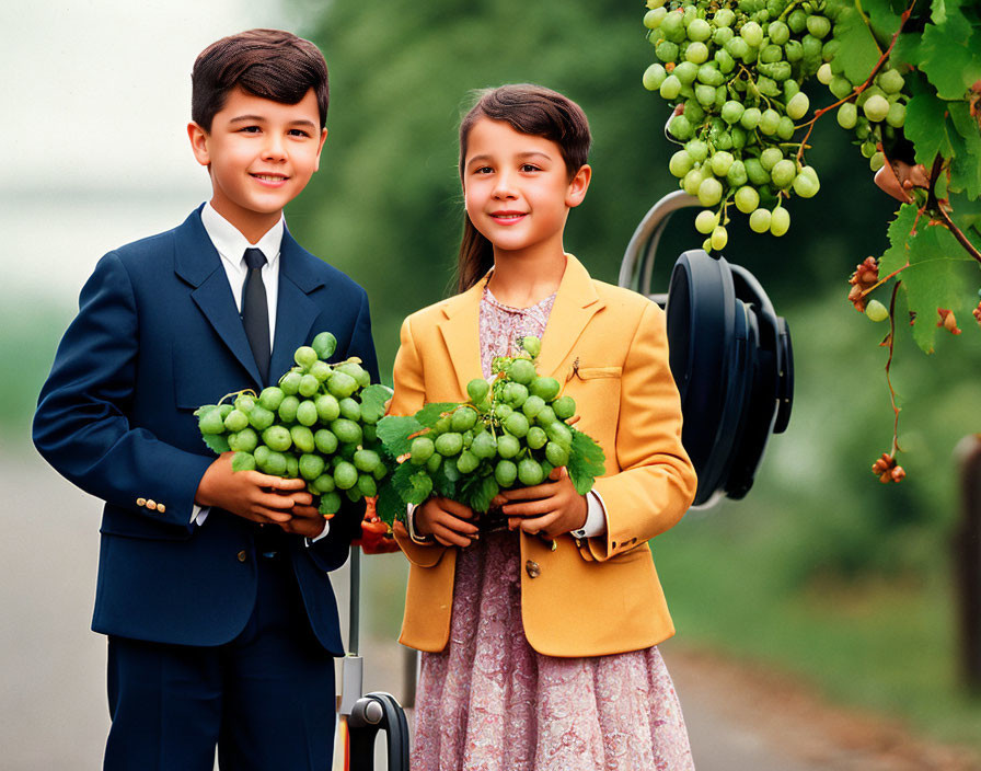 Children in formal wear with green grapes among grapevines