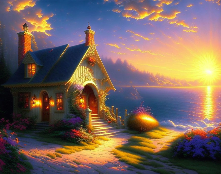 Seaside cottage with vibrant flowers under sunset sky