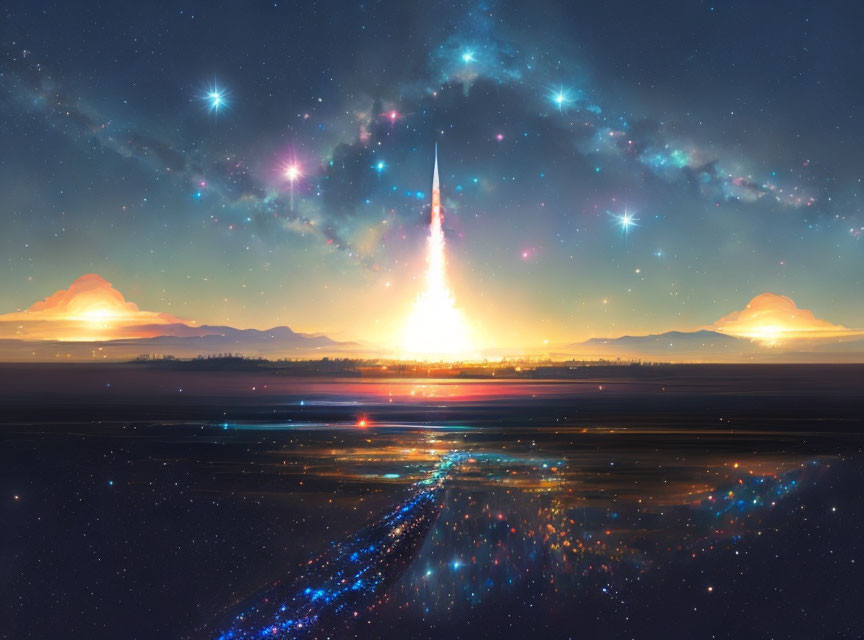 Colorful Digital Artwork: Rocket Launch in Starry Sky with Nebula Clouds