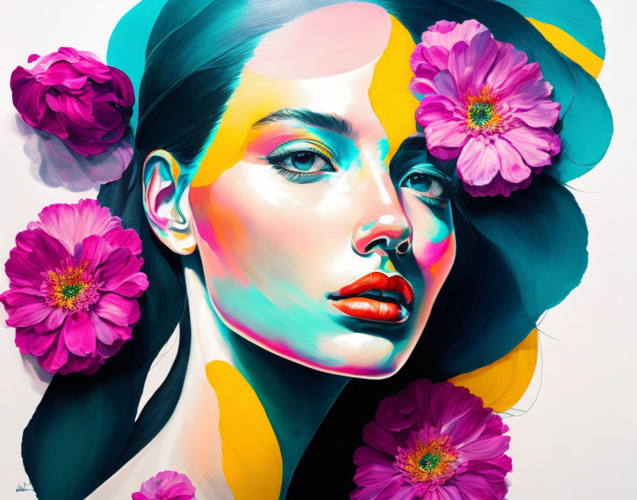 Vibrant portrait of woman with striking makeup and colorful flowers