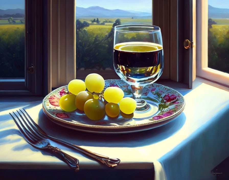 Glass of wine, grapes, and cutlery on a plate near a sunny window