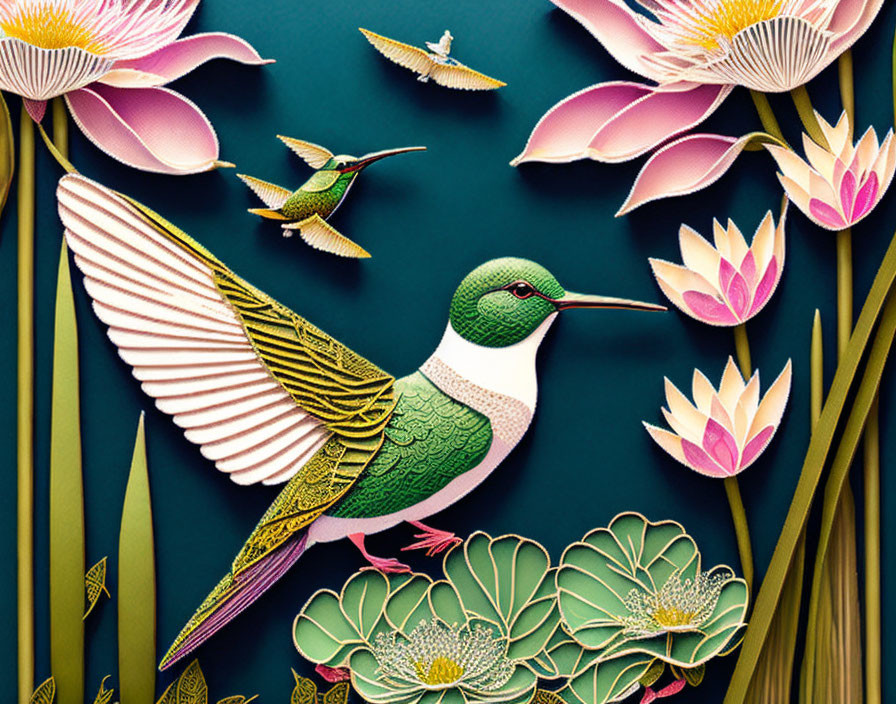 Vibrant paper art: Hummingbird in flight among lotus flowers