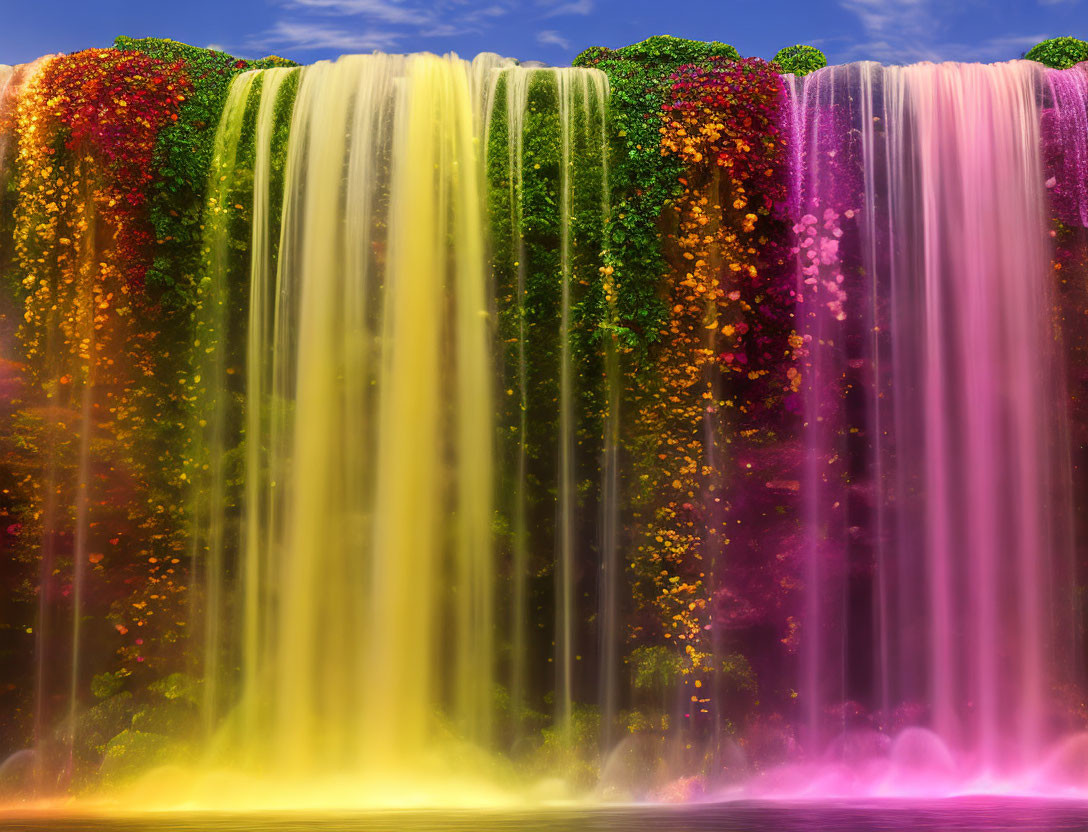 Colorful waterfall with red, yellow, green, and pink hues cascading into a misty pool