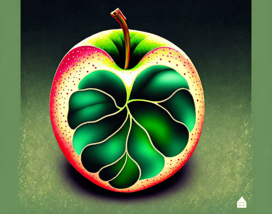 Digital image: Red apple with stylized green leaf pattern