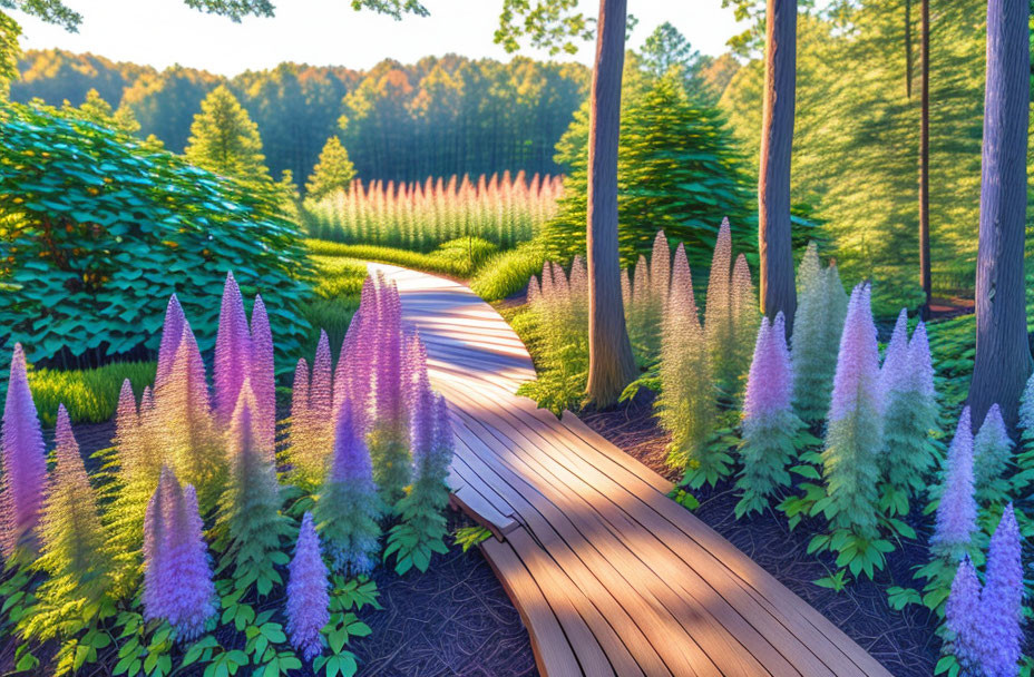 Tranquil wooden boardwalk in vibrant purple flower garden