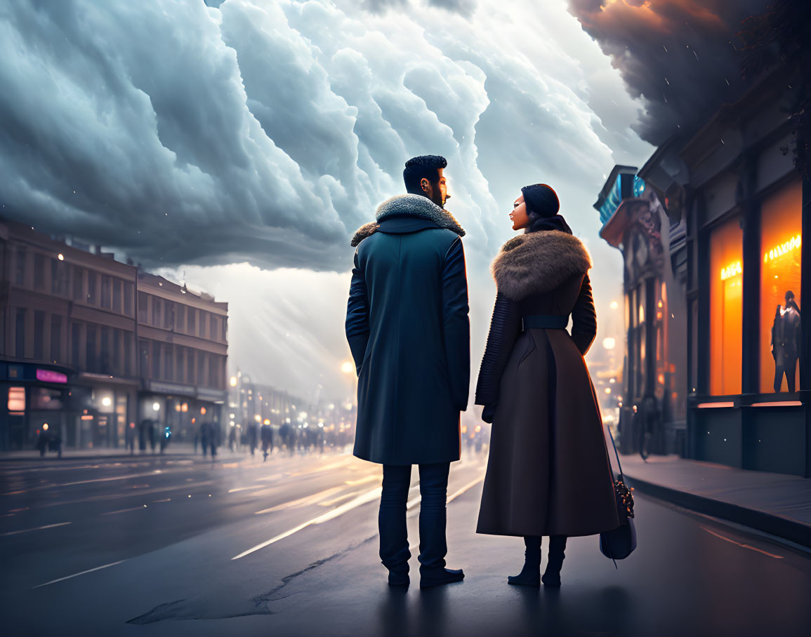 Couple standing on city street at dusk under dramatic cloudy sky