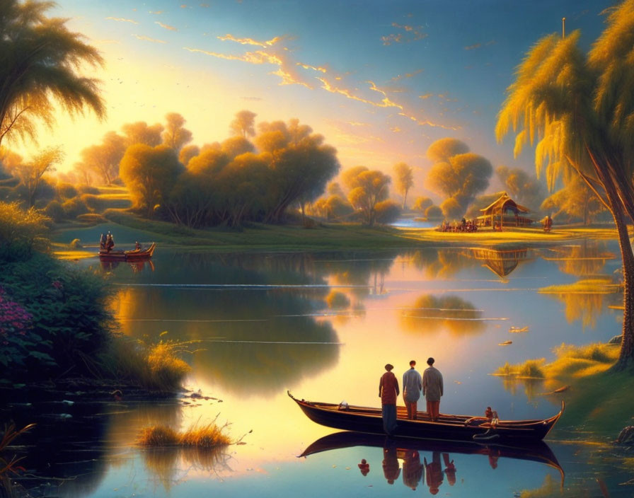 Tranquil sunset scene at calm lake with boat, willow trees, gazebo, and row