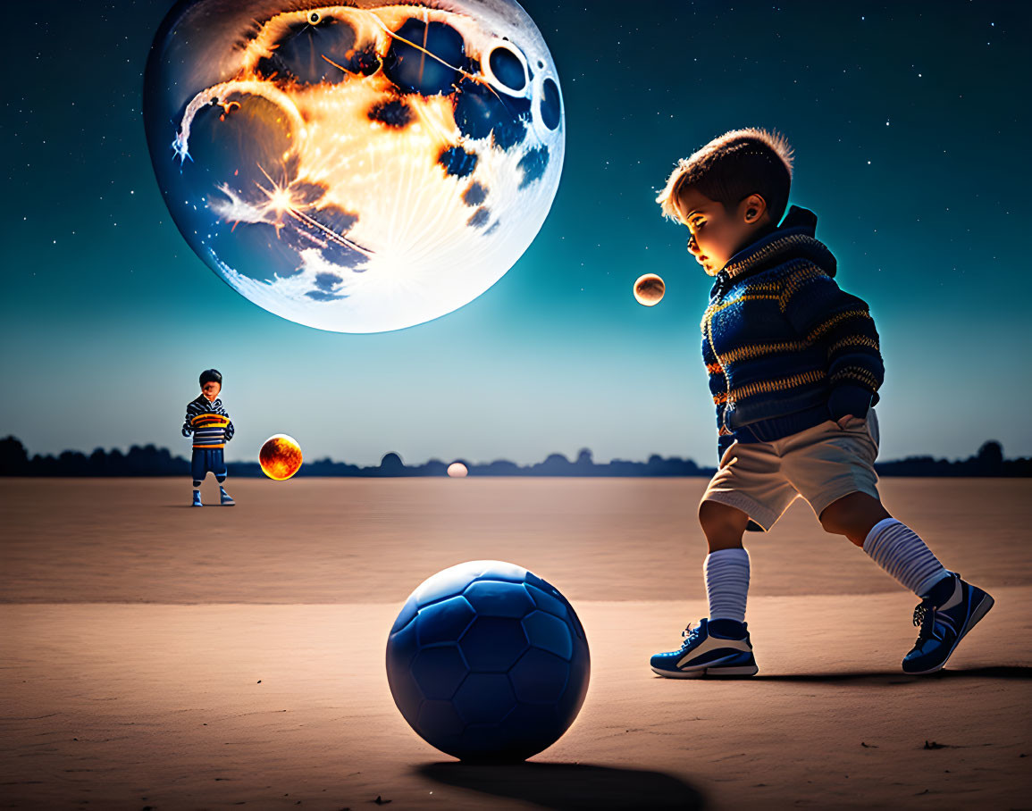 Child kicking soccer ball in surreal night sky landscape