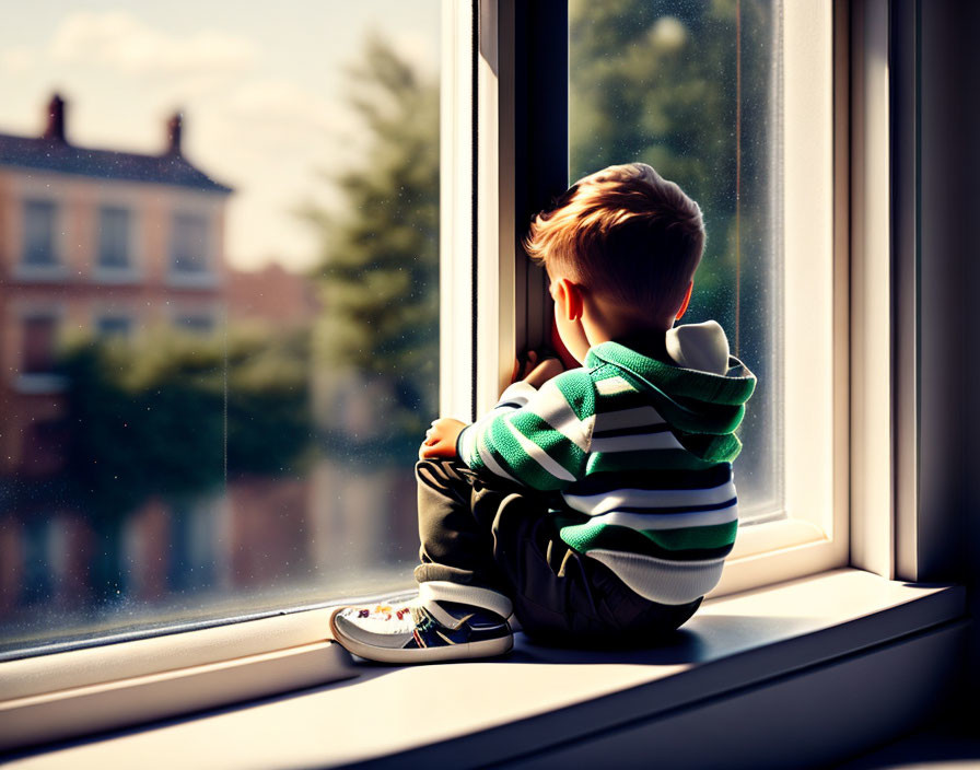 Child in striped hoodie gazes out window in warm sunlight