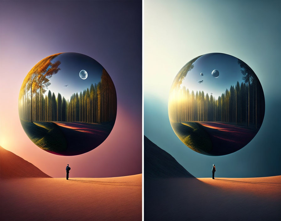 Surreal artwork featuring person, giant sphere, forest reflection, bird, dusk and dawn landscape