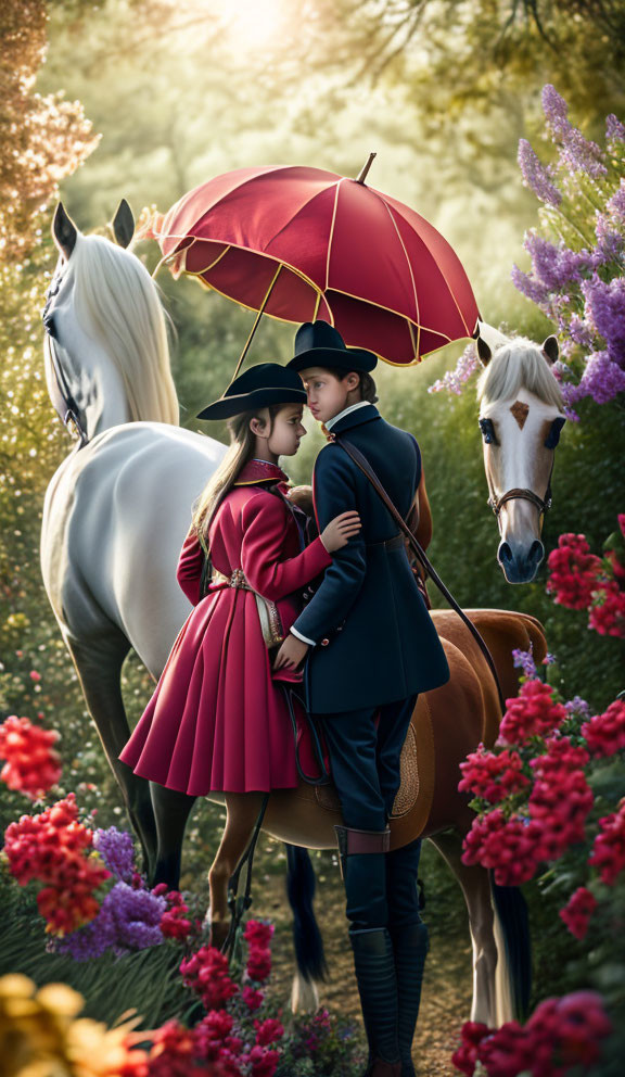 Vintage riding outfits: Children and horses under umbrella in magical garden