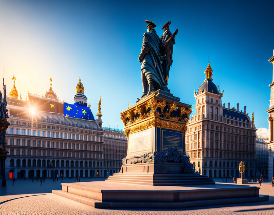 Historic Figure Statue in European Square with Grand Buildings