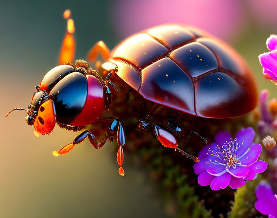 Vibrant ladybug on pink flower with soft-focus background