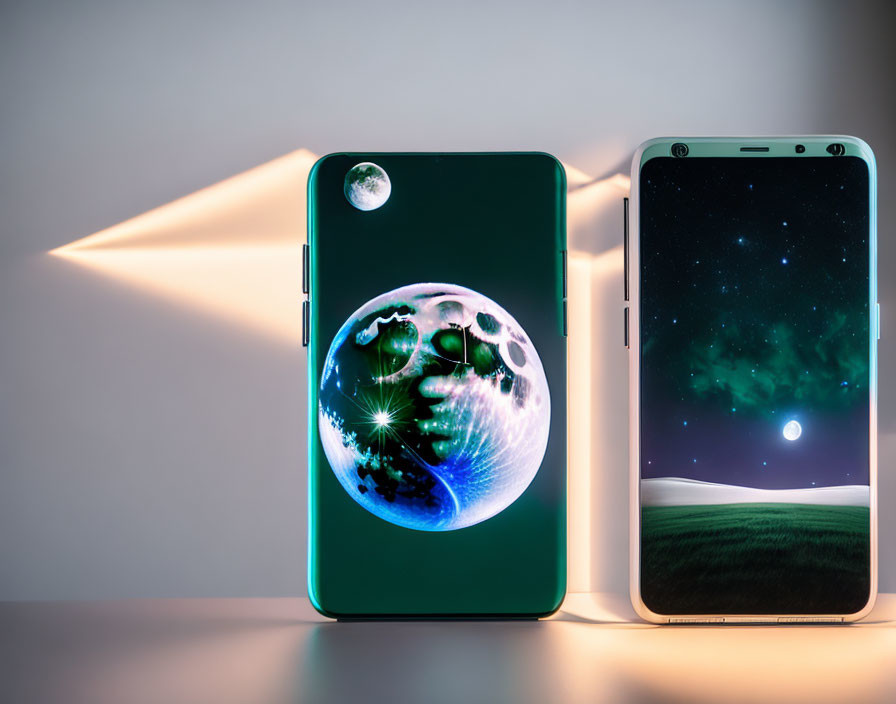 Smartphones with Space-Themed Wallpapers: Starry Sky & Earth Displayed against Lit Backdrop