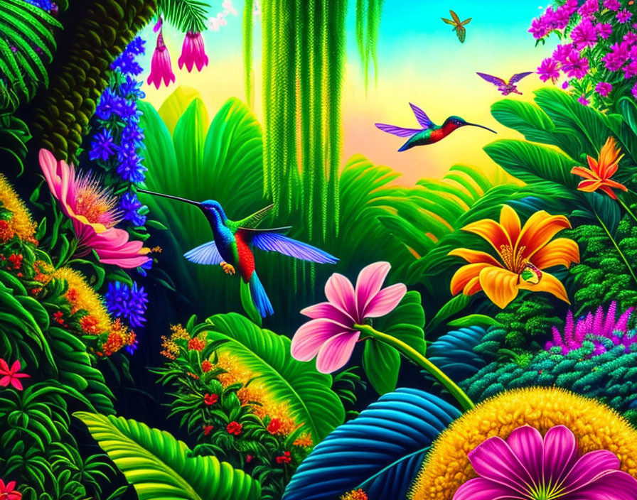 Tropical scene with hummingbirds, lush foliage, and colorful flowers