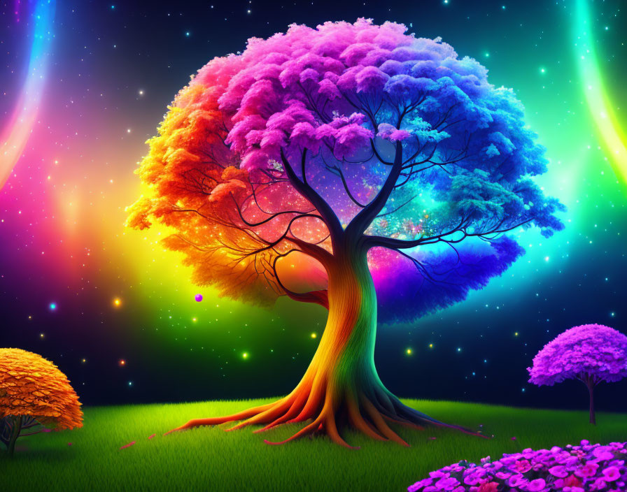 Colorful Tree in Rainbow Aurora Fantasy Landscape