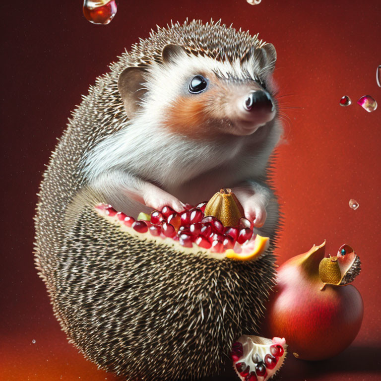 Illustration: Hedgehog merged with pomegranate, juice droplets and seeds.