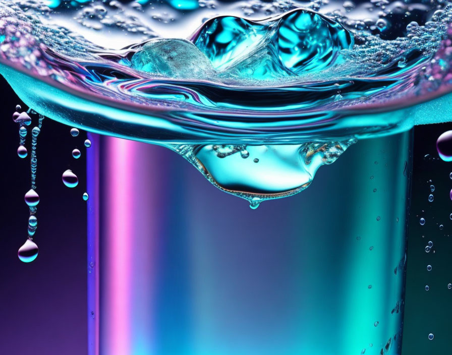 Close-Up Water Droplets and Splash on Vibrant Purple Turquoise Gradient