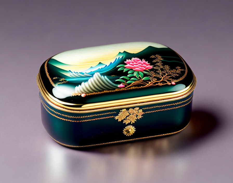 Detailed Design: Waves, Pink Flower, Gold Accents on Dark Blue Lacquered Box