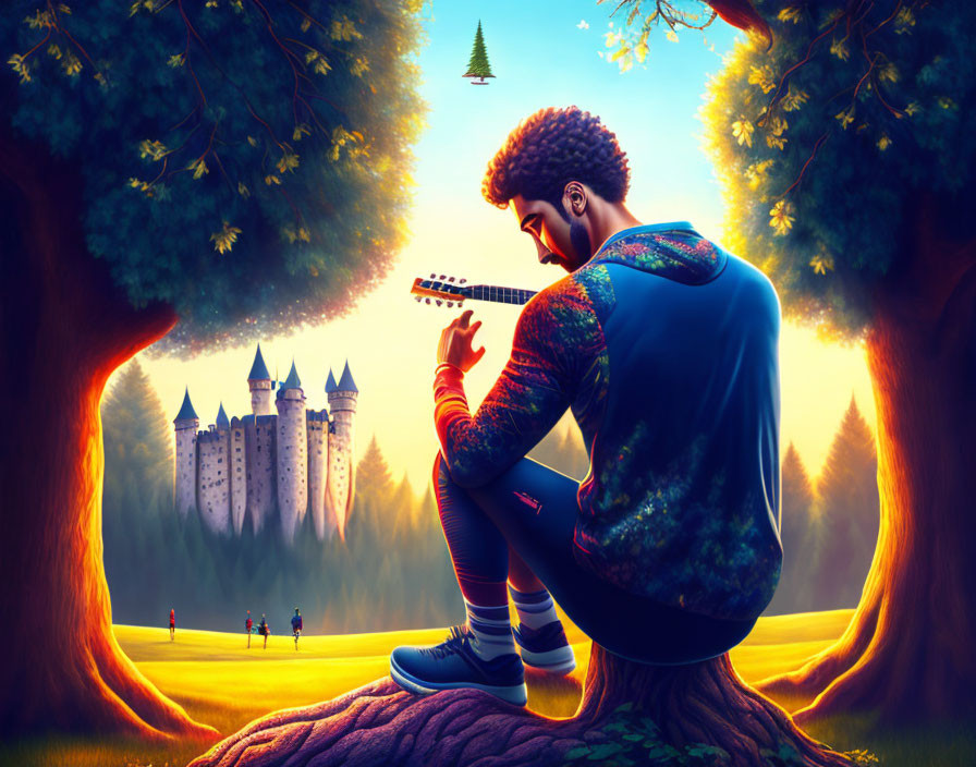 Man playing guitar in fantastical forest with castle in background