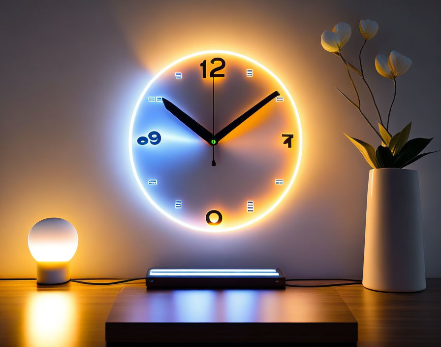 Contemporary illuminated wall clock with lamp, vase, and white flowers on wooden surface against gray wall.