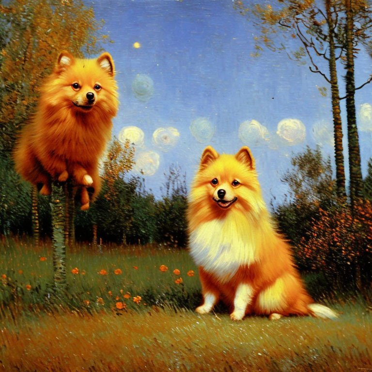 Whimsical painting featuring two Pomeranian dogs