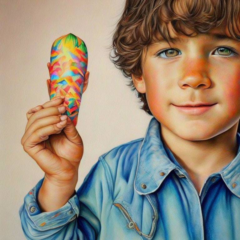 Curly-haired child with ice pop and blue shirt smiling