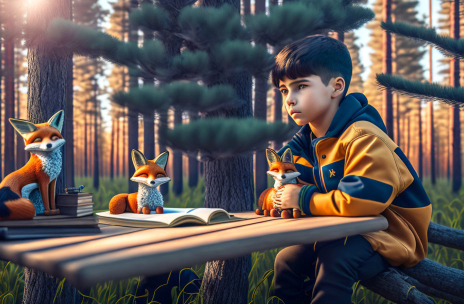 Boy with two foxes in magical forest setting with sunlight.