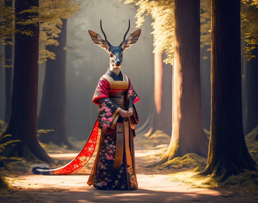 Anthropomorphic deer in traditional Japanese kimono in serene forest