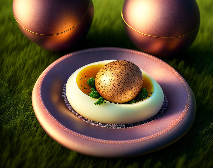 Digitally Rendered Image of Sliced Hard-Boiled Egg with Herbs on Plate