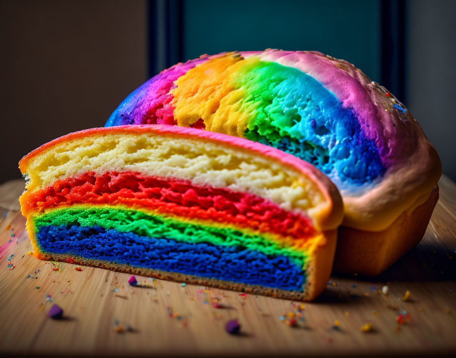 Rainbow-colored bread loaf with colorful layers and sprinkles on wooden surface