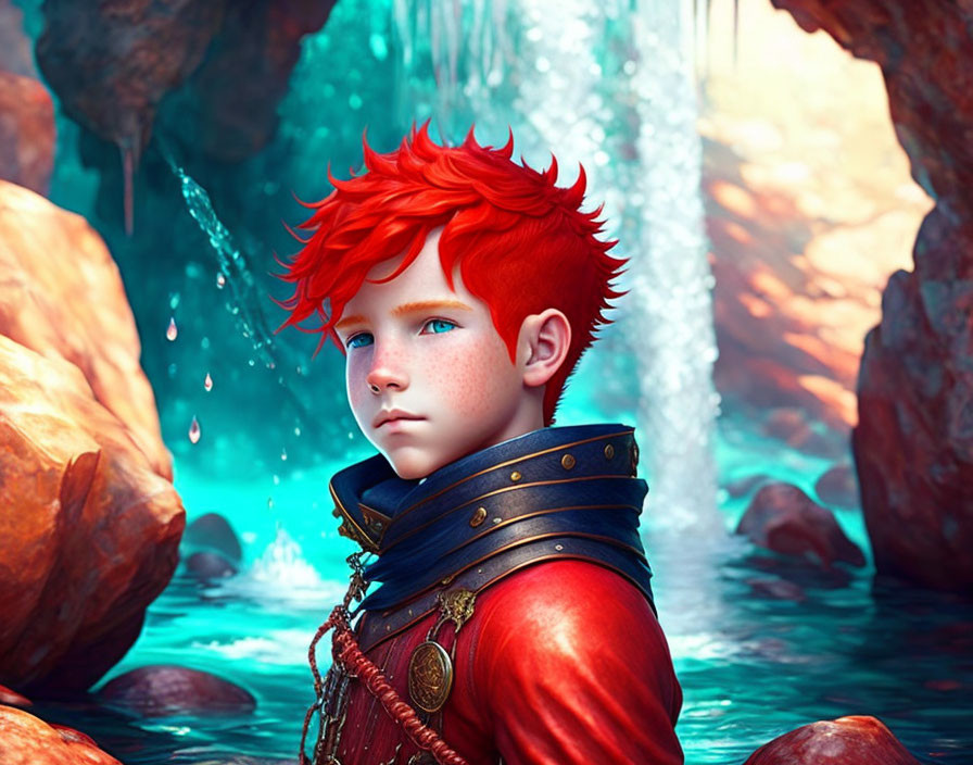 Digital artwork: Boy with red hair and blue eyes in red/blue outfit by waterfall.