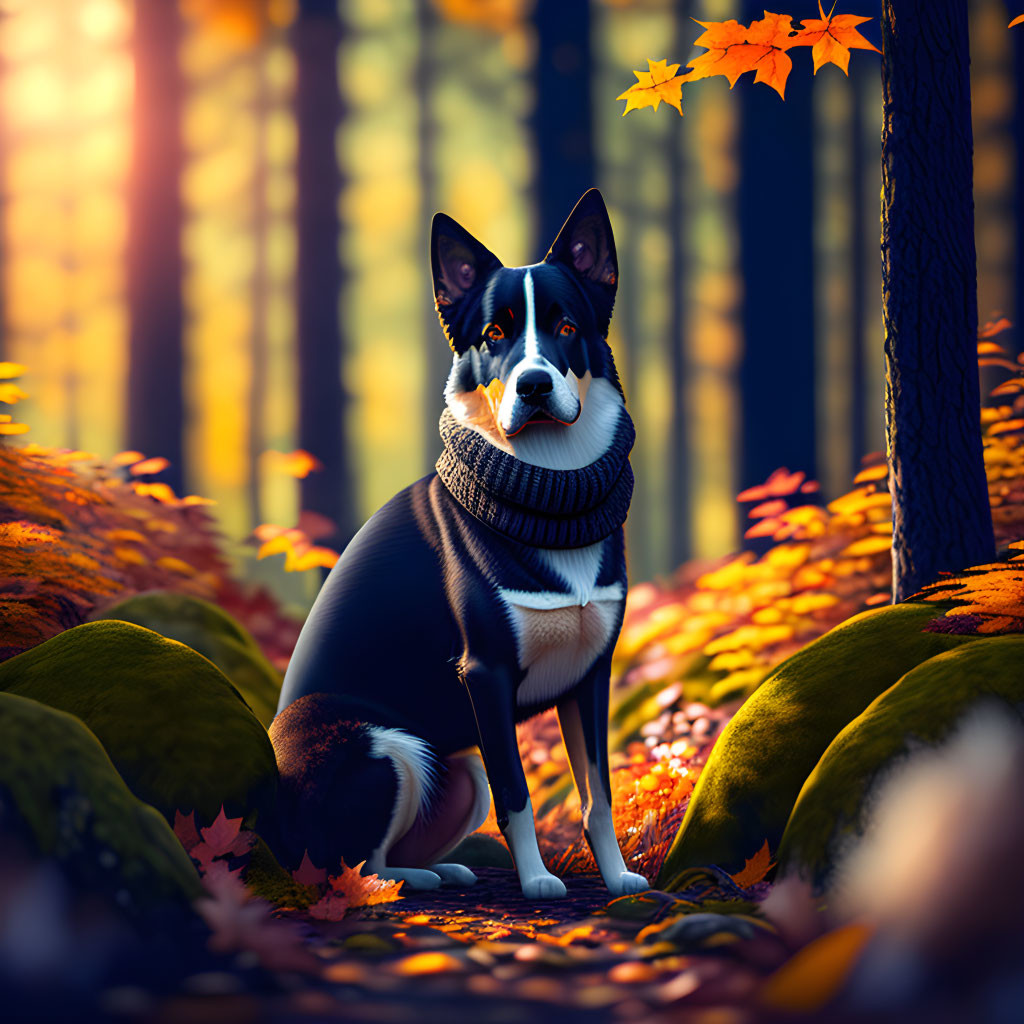 Dog in scarf surrounded by autumn leaves and sunlit trees