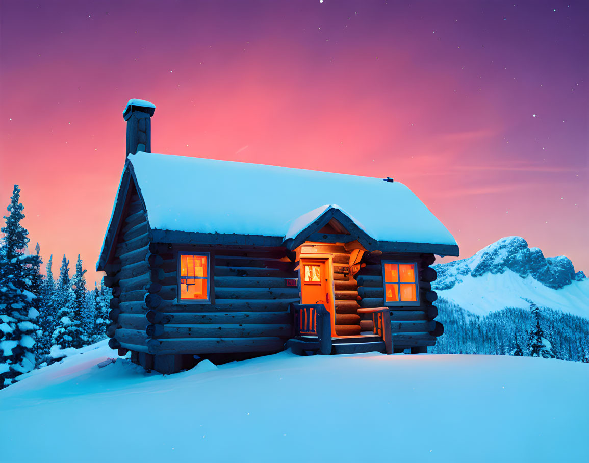 Snowy Landscape: Cozy Log Cabin in Twilight Sky