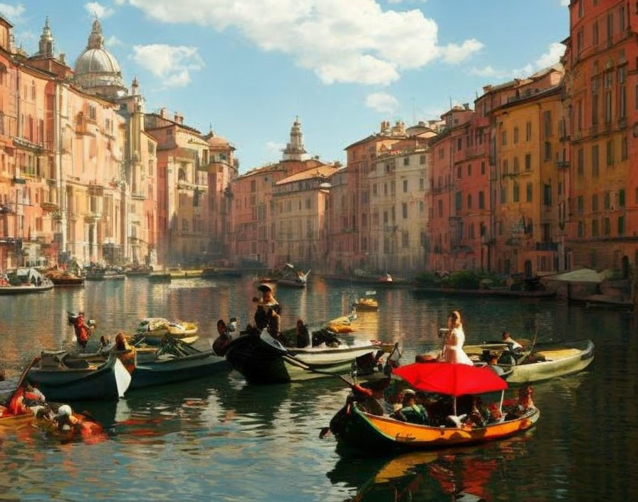 Historic Venetian canal with gondolas and buildings in sunlight