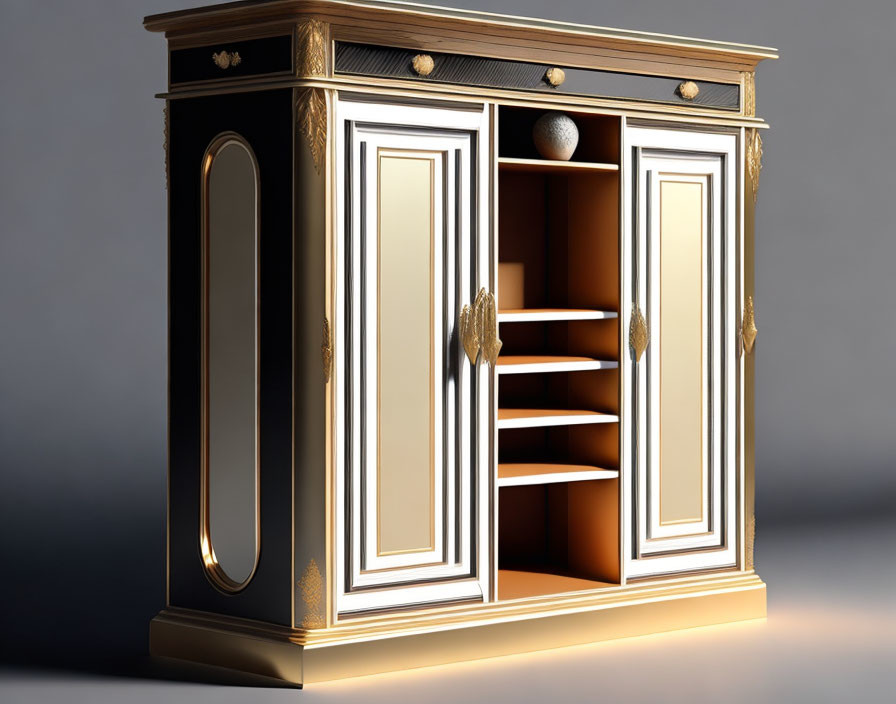 Wooden Cabinet with Gold Trim, Open Doors, Shelves, and Decorative Sphere