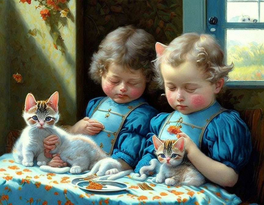 Two children with kittens at a table by a window with floral curtains