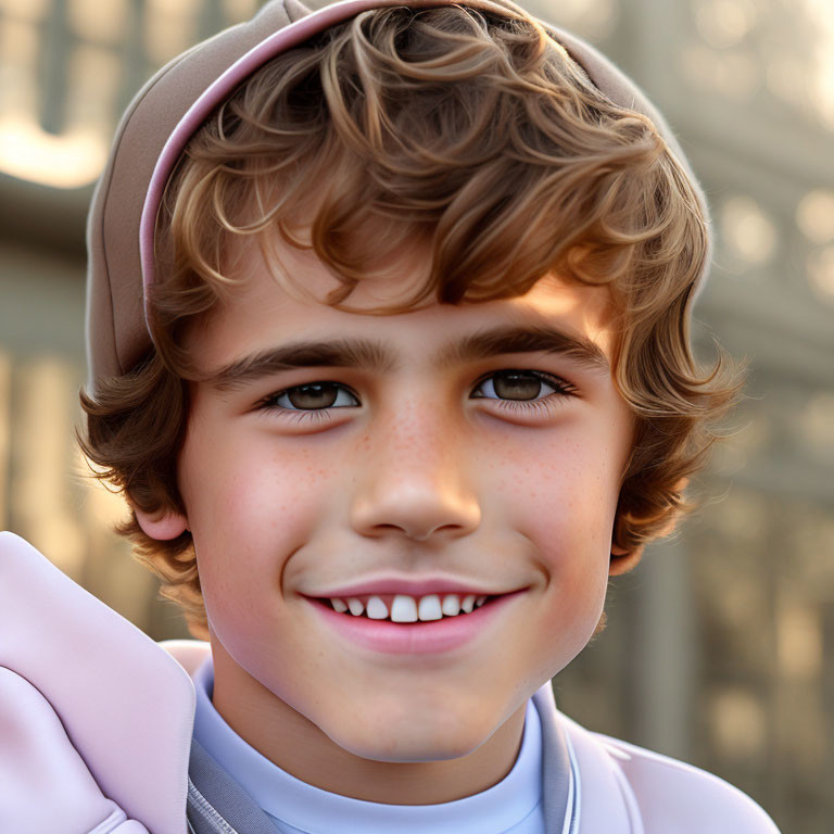 Smiling child with curly hair in pink cap and light purple shirt