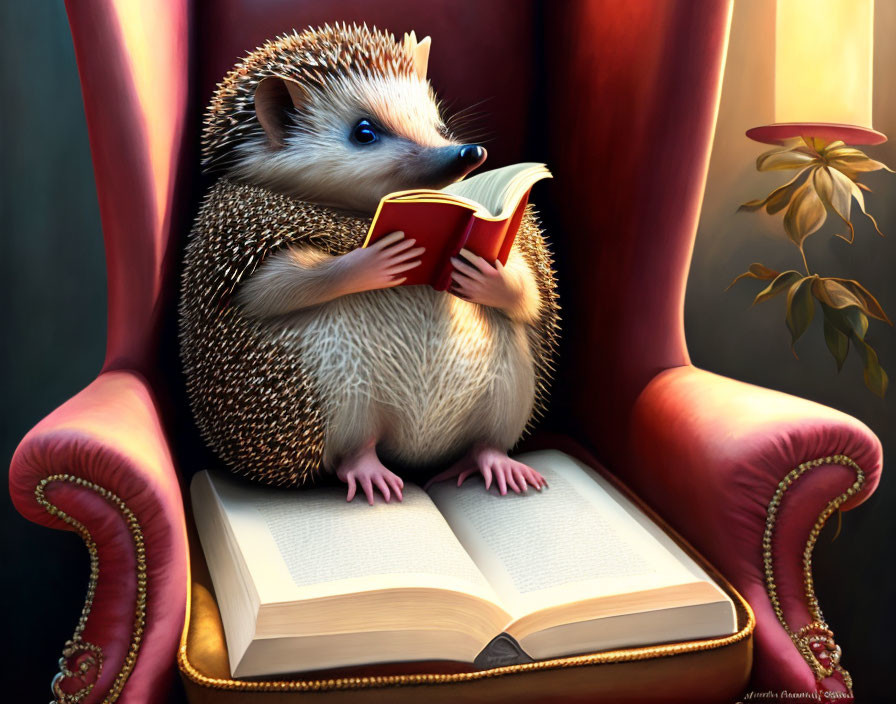 Adorable Hedgehog Reading Books on Plush Red Chair