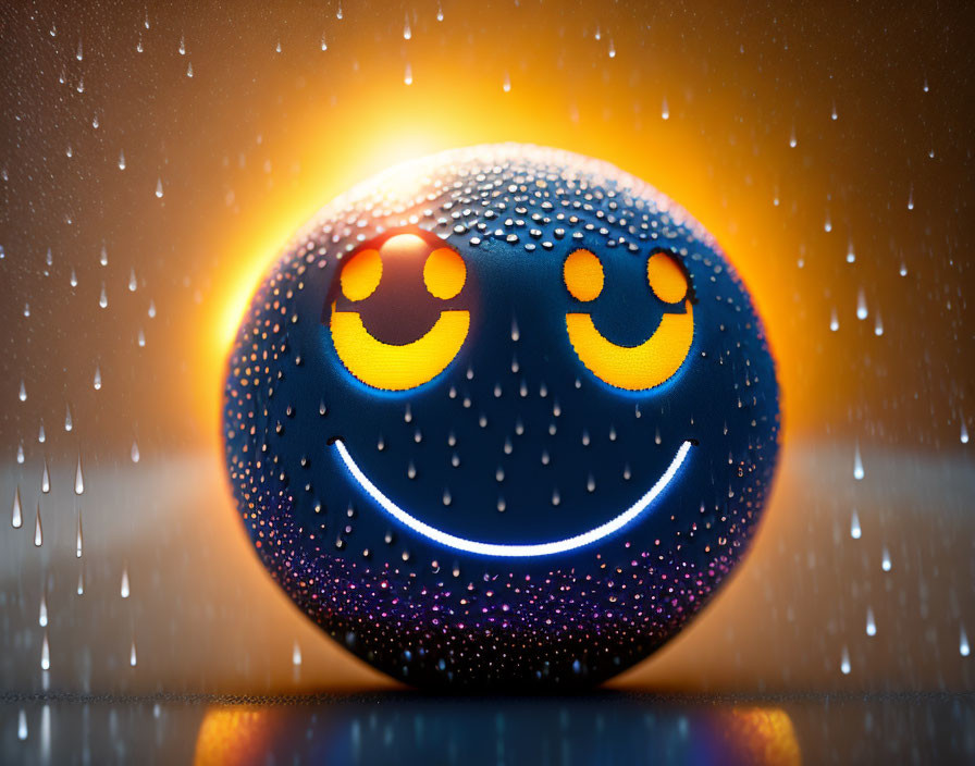 Heart-eyed smiley face emoji on wet surface with warm backlight and raindrops